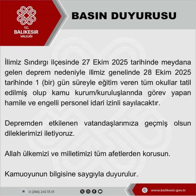 Balıkesir’de Okullara 1 Günlük Ara Verildi!