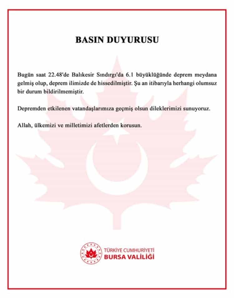 Bursa Valiliği: Deprem Sonrası Olumsuz Durum Yok