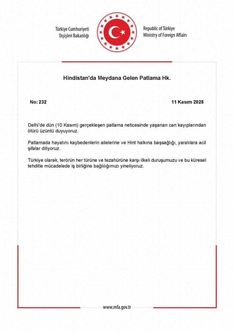 Türkiye’den Hindistan’a Delhi Patlaması Nedeniyle Taziye Mesajı