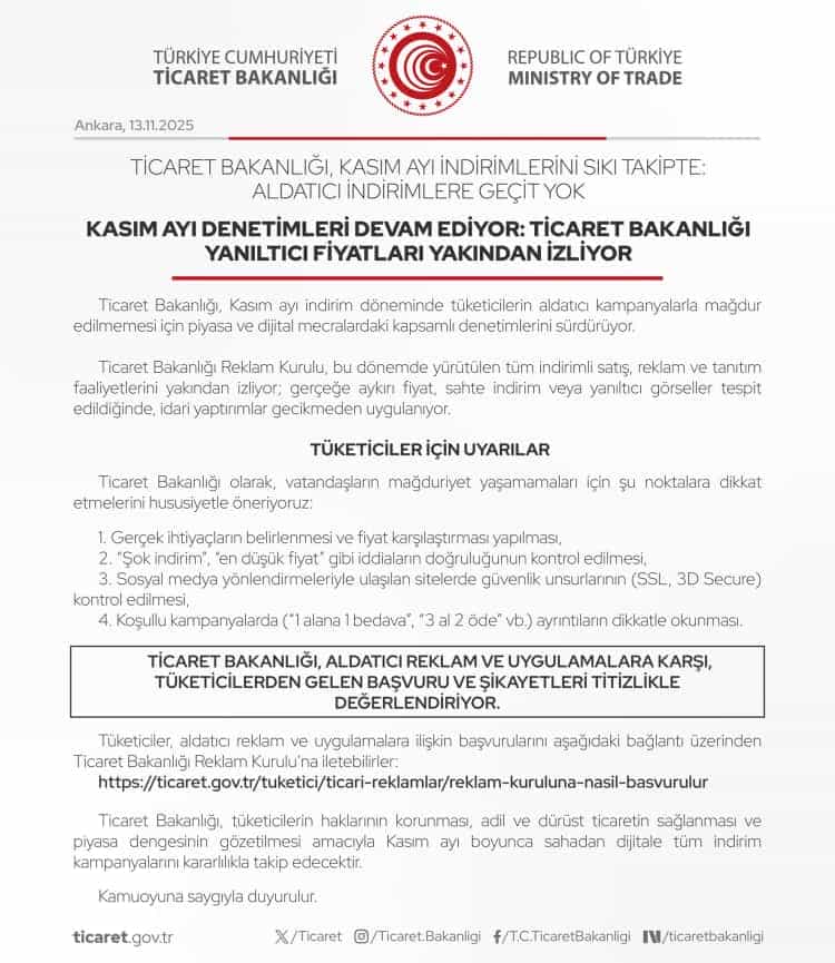 Ticaret Bakanlığı’ndan Tüketicilere Uyarı: Sahte Kasım İndirimlerine Kanmayın!