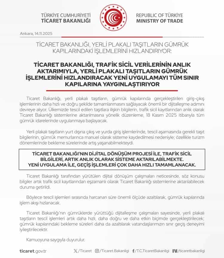 Yerli Plakalı Araçlar İçin Gümrükte Yeni Dijital Dönem