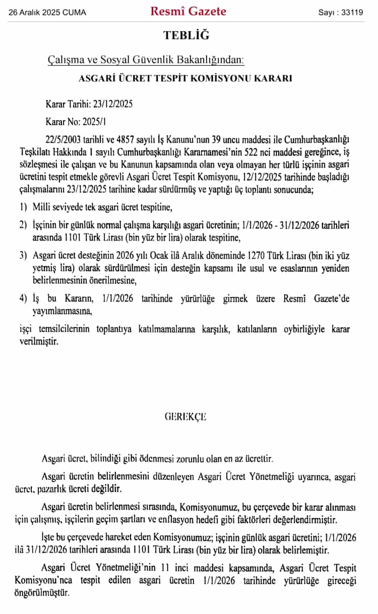 2026 Asgari Ücretine İlişkin Karar Resmi Gazete’de