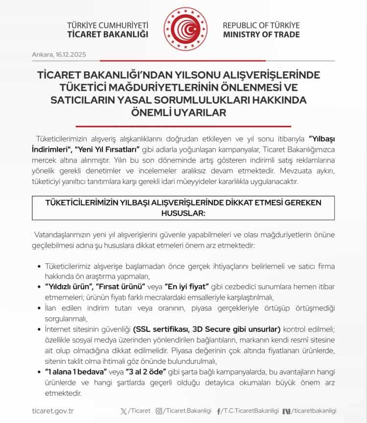 Ticaret Bakanlığı’ndan Yılbaşı Öncesi Uyarı!