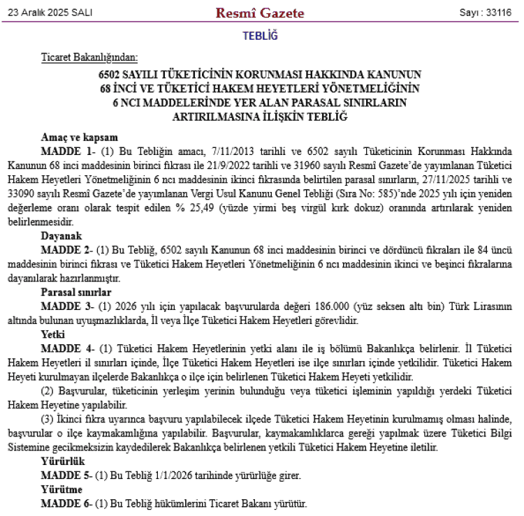 Tüketici Hakem Heyeti Başvuru Sınırları Artırıldı